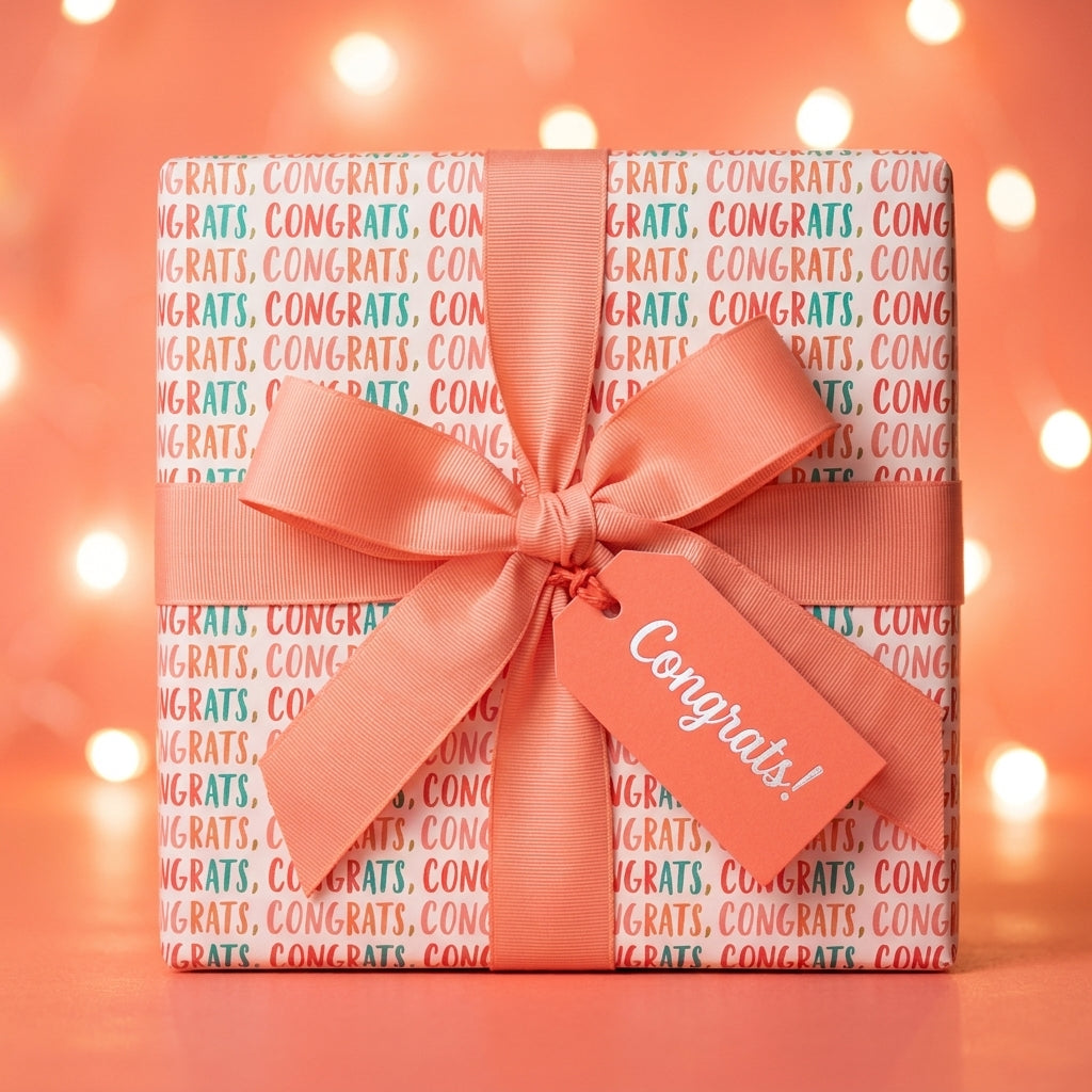 Congrats wrapping paper with a coral ribbon bow and congratulations tag by Wrapped Studios.
