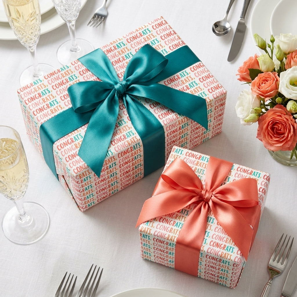 Congratulations wrapping paper with teal and coral bows on a party table by Wrapped Studios.