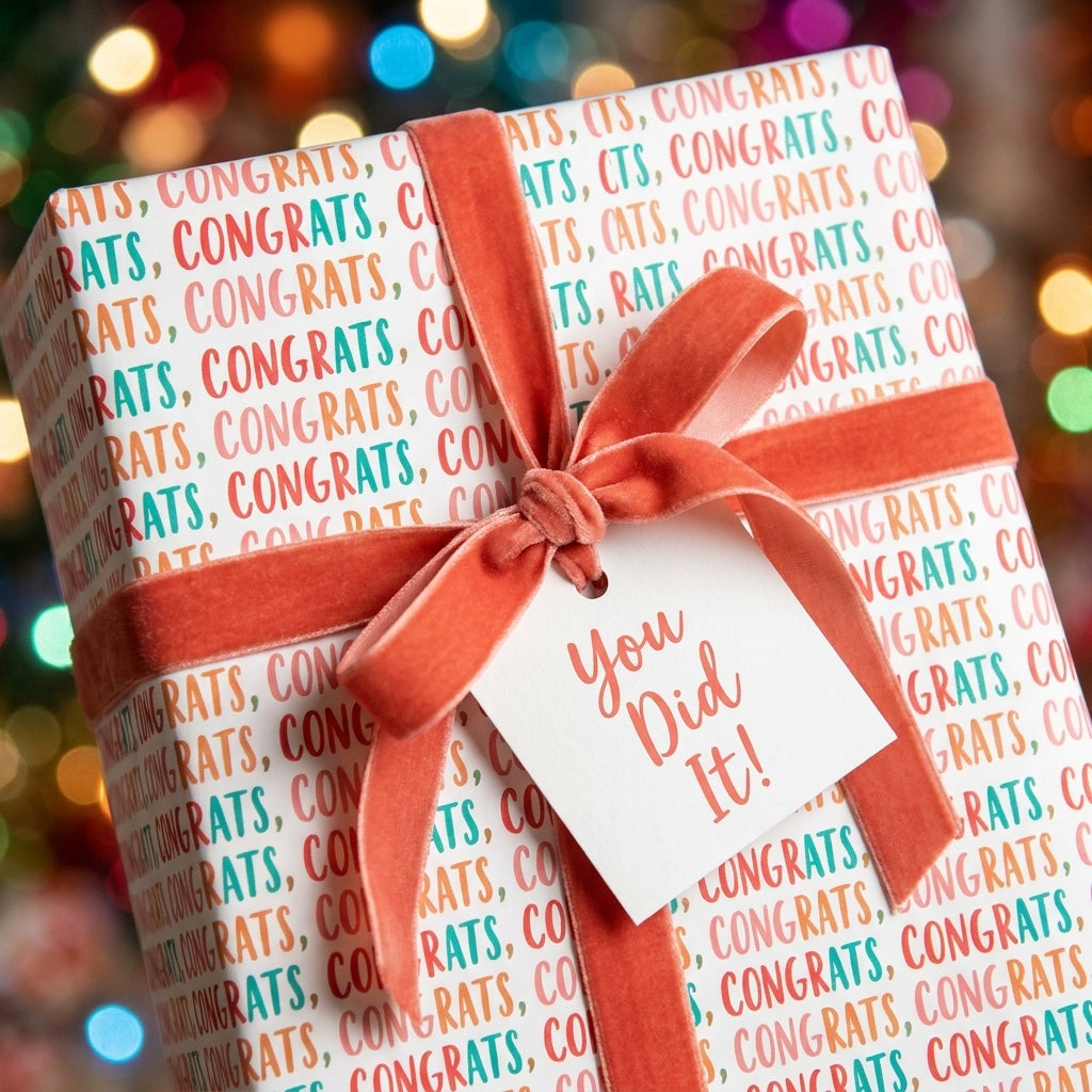 Congratulations wrapping paper from Wrapped Studios with coral velvet ribbon and a "You Did It!" tag.
