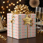 Congratulations wrapping paper featuring colorful "congrats" text and gold bow by Wrapped Studios.