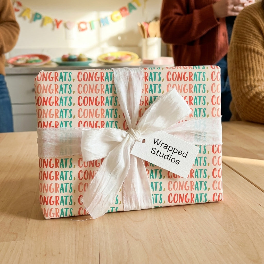 Colorful congrats wrapping paper with a white ribbon and gift tag by Wrapped Studios.
