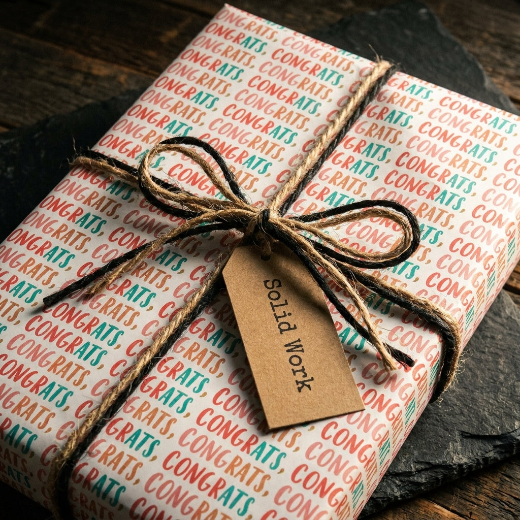 Congratulations wrapping paper with a rustic twine bow and Solid Work gift tag by Wrapped Studios.