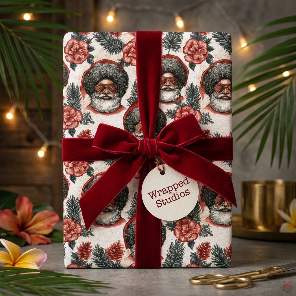 Black Santa tropical Christmas wrapping paper with a red velvet bow, holiday gift wrap by Wrapped Studios.