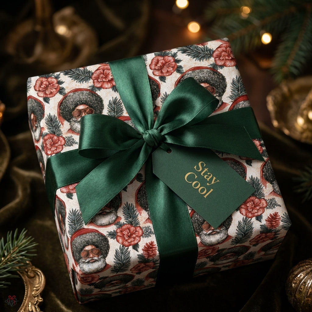 Retro Black Santa Christmas gift wrap with green satin bow and tag, by Wrapped Studios.