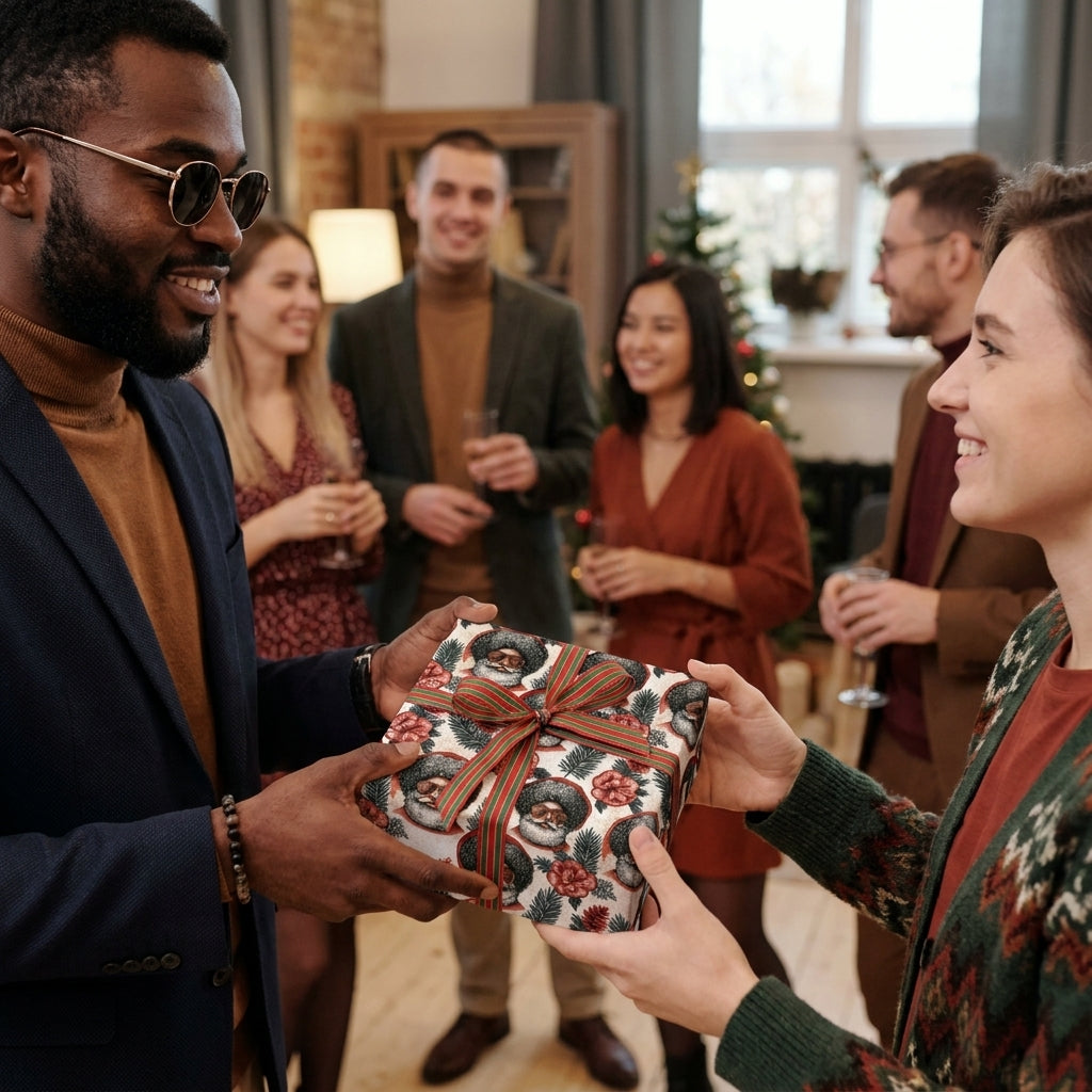 Exchanging a holiday gift in Black Santa Christmas wrapping paper by Wrapped Studios at a festive party.