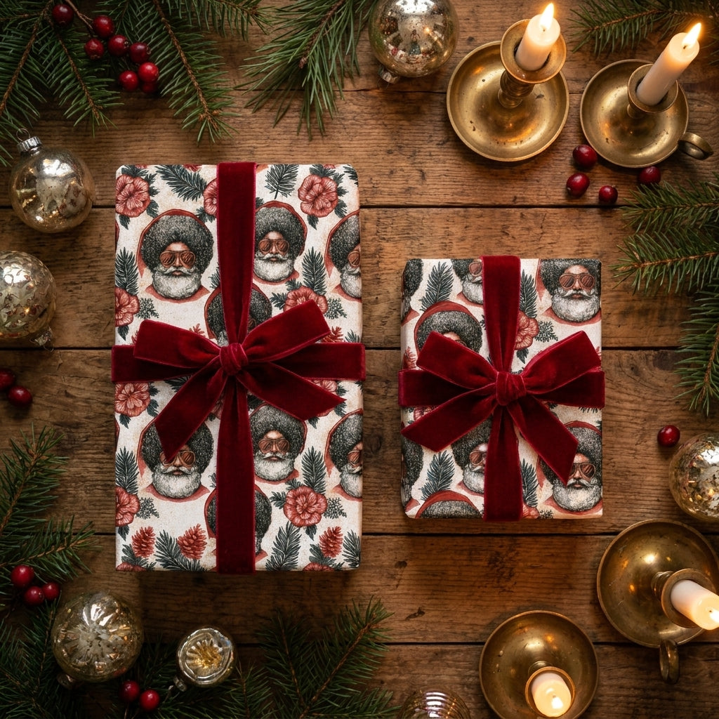 Cool Black Santa wrapping paper with red velvet ribbons on Christmas gifts by Wrapped Studios.