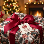 Cool Black Santa Christmas gift wrap with a deep red satin bow, by Wrapped Studios.