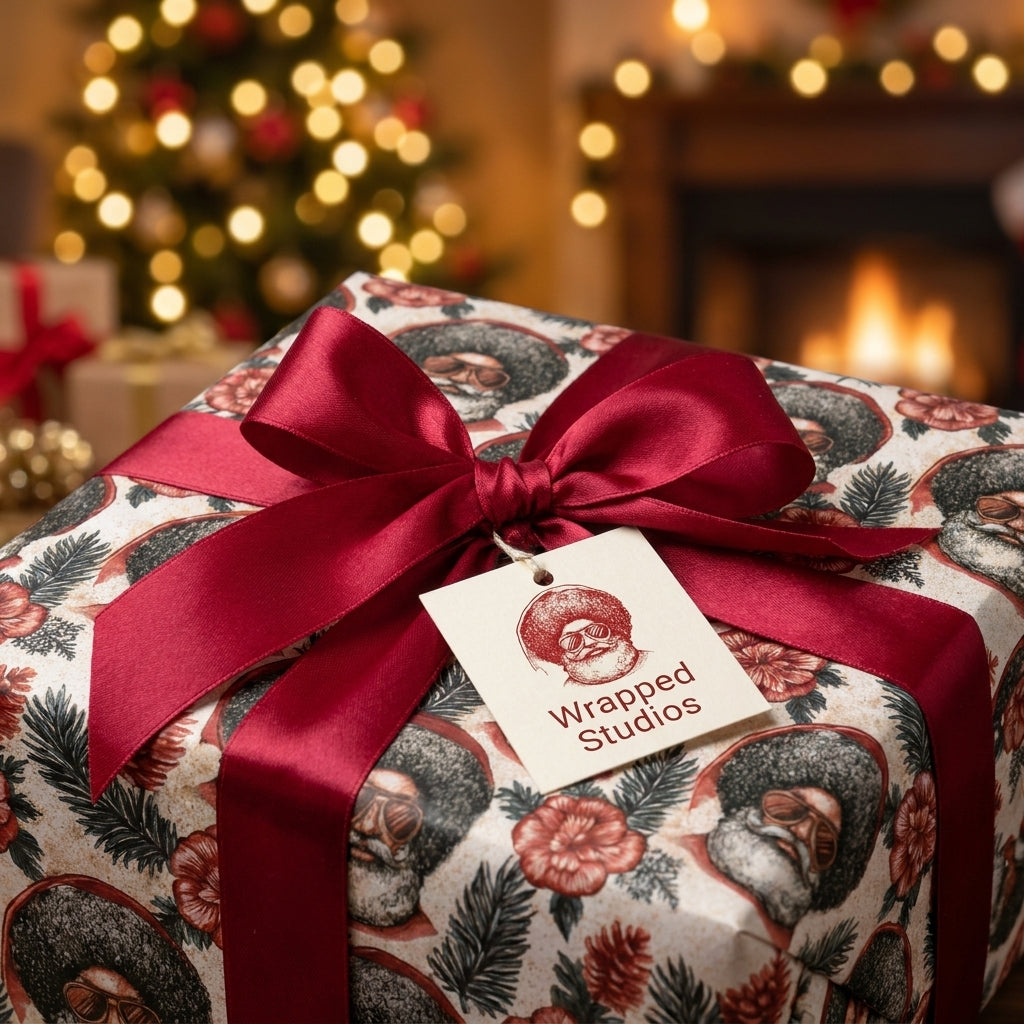 Cool Black Santa Christmas gift wrap with a deep red satin bow, by Wrapped Studios.