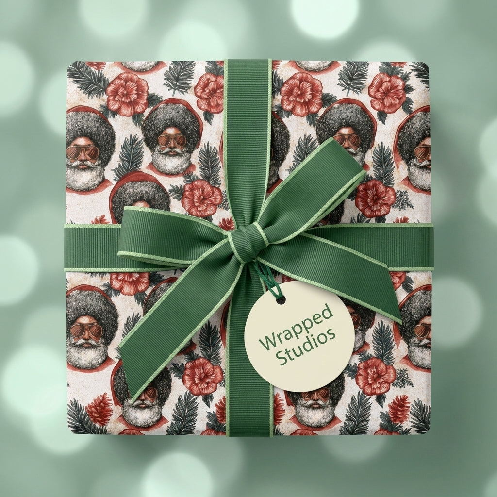 Retro Black Santa Christmas wrapping paper with a green ribbon by Wrapped Studios.