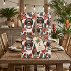 Black Santa tropical Christmas wrapping paper with a gold ribbon and palm tree gift tag by Wrapped Studios.