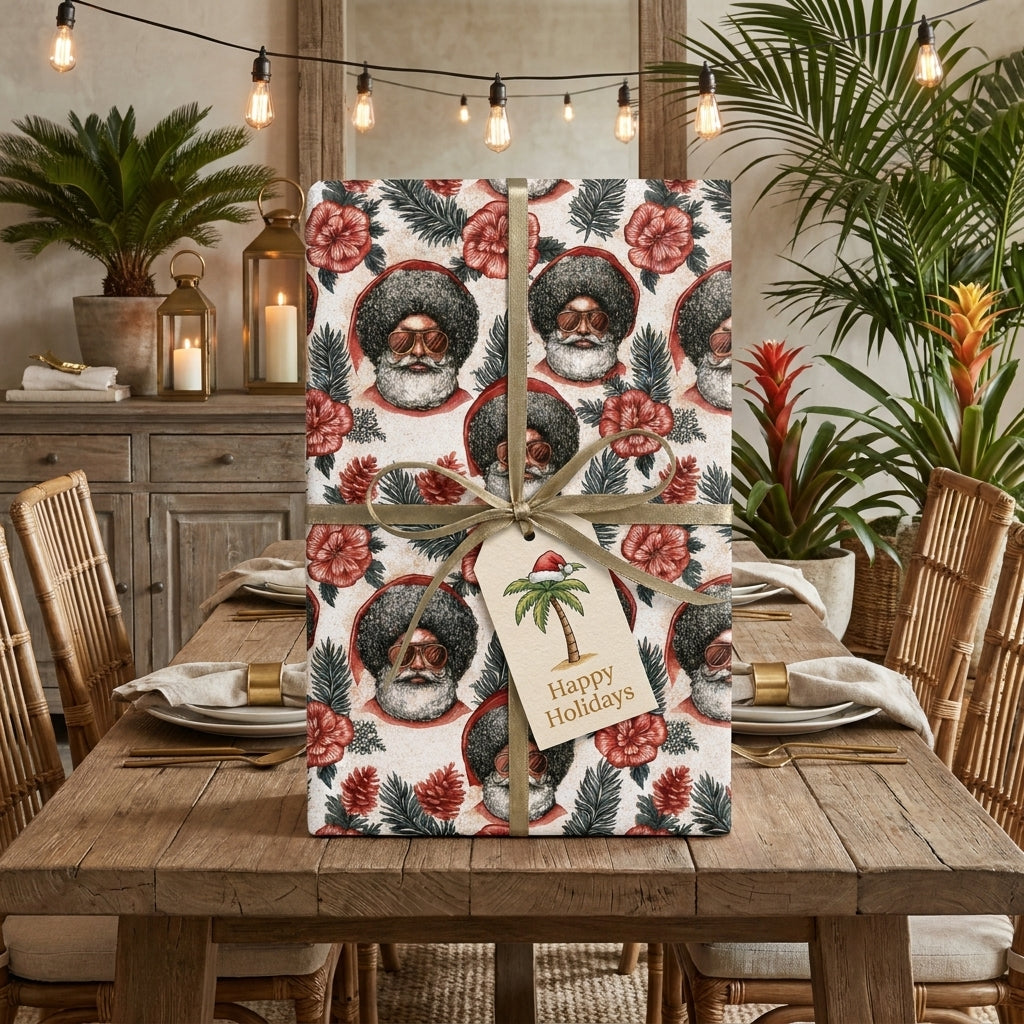 Black Santa tropical Christmas wrapping paper with a gold ribbon and palm tree gift tag by Wrapped Studios.