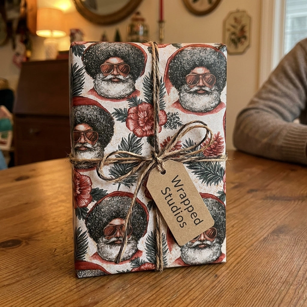 Retro Black Santa Christmas gift wrap tied with twine on a gift box, by Wrapped Studios.