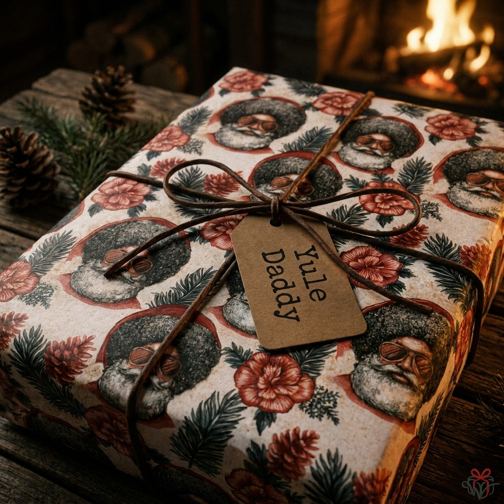 Retro Black Santa Christmas wrapping paper by Wrapped Studios on a rustic holiday gift.