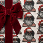 Hip Santa Claus Christmas wrapping paper with a luxury red velvet bow by Wrapped Studios.