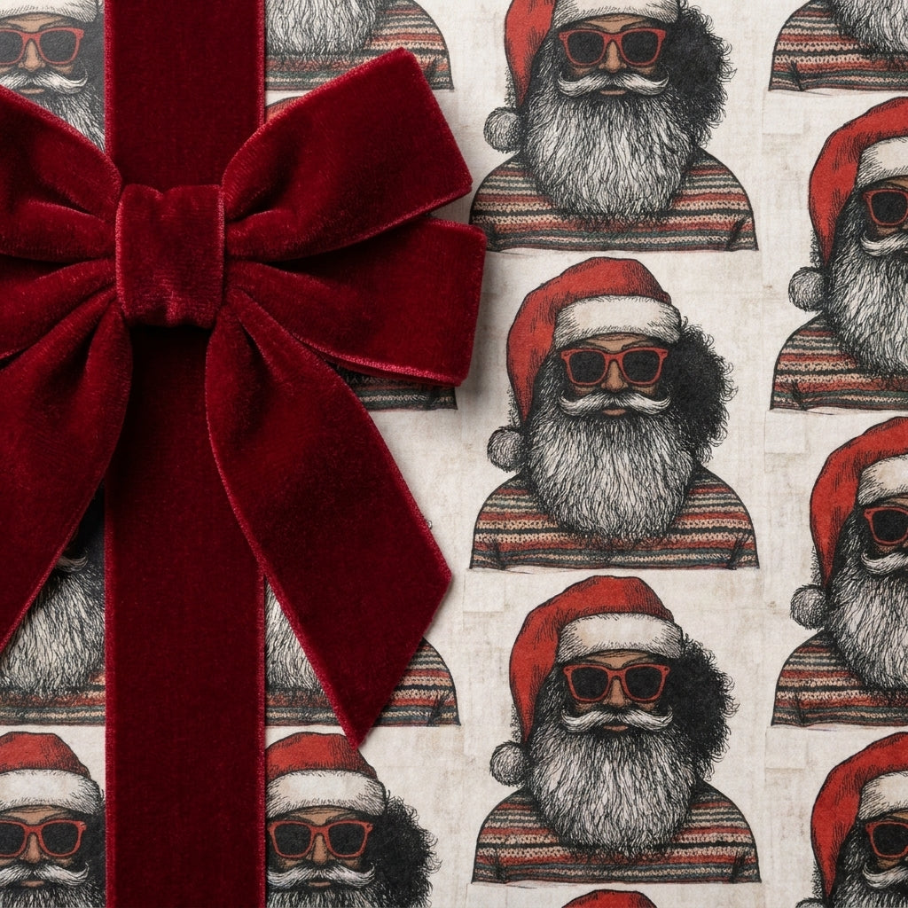 Hip Santa Claus Christmas wrapping paper with a luxury red velvet bow by Wrapped Studios.