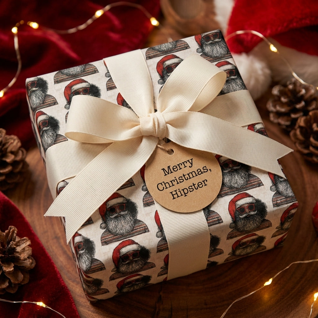 Funny hipster Santa Christmas wrapping paper by Wrapped Studios on a gift box with a cream bow.