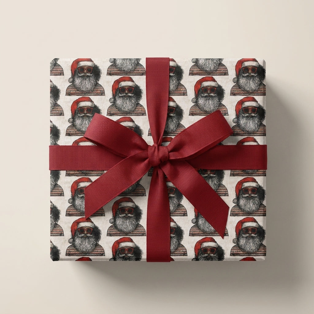 Cool Black Santa Christmas wrapping paper with a red ribbon bow on a gift box by Wrapped Studios.