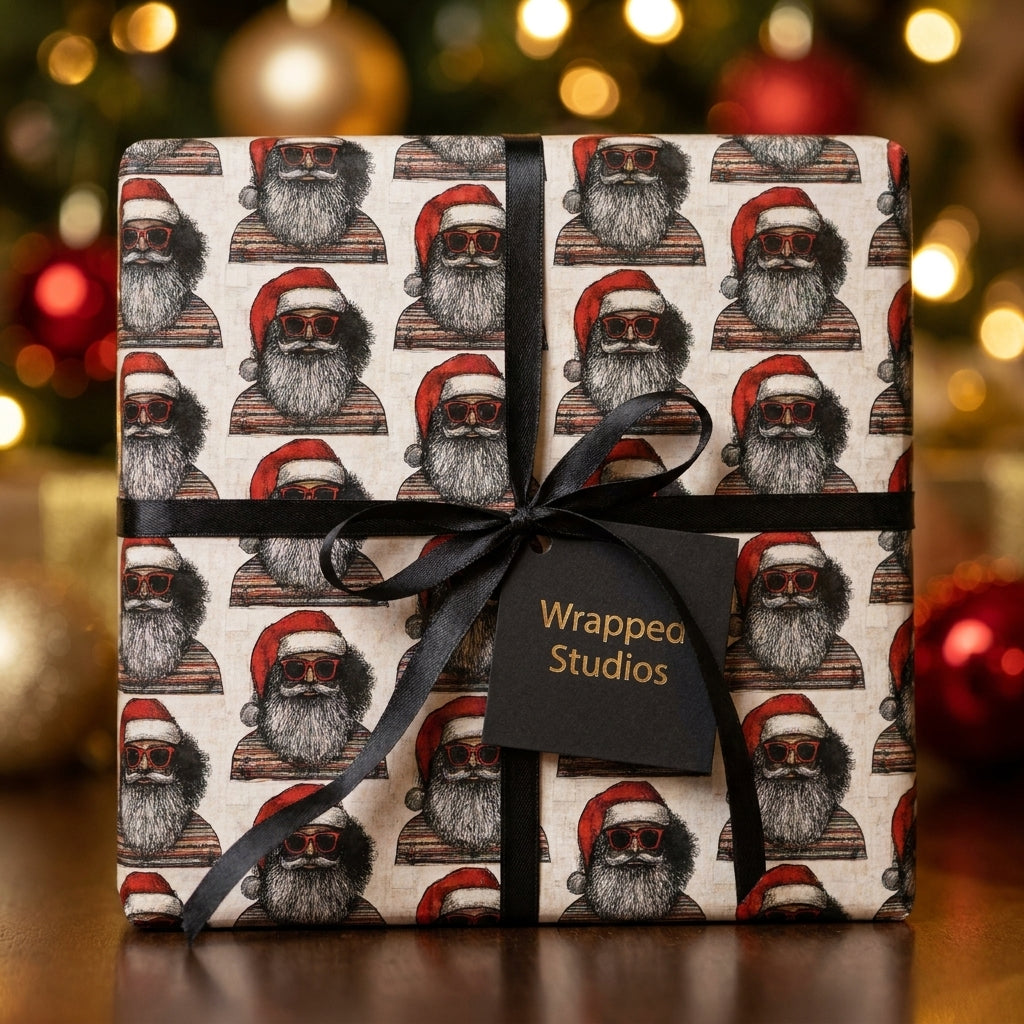 Cool Santa Christmas wrapping paper with black ribbon by Wrapped Studios against holiday lights.
