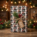 Retro Santa Christmas wrapping paper by Wrapped Studios with a rustic twine bow and Ho Ho Ho gift tag.