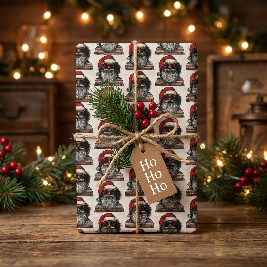 Retro Santa Christmas wrapping paper by Wrapped Studios with a rustic twine bow and Ho Ho Ho gift tag.