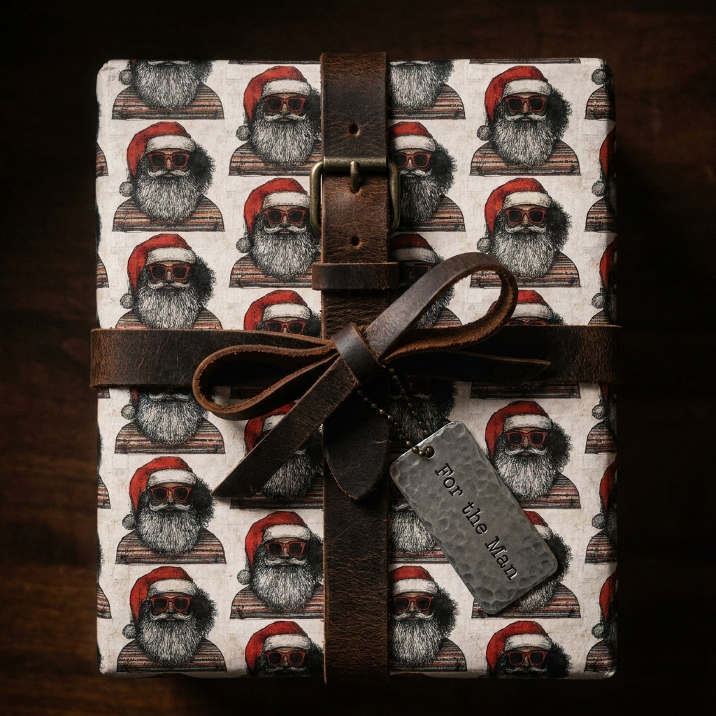 Mens Christmas gift wrap with hipster Santa print by Wrapped Studios, featuring a rustic leather strap and tag.