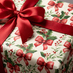 Vintage holly Christmas wrapping paper with a red satin bow on a gift box, by Wrapped Studios.