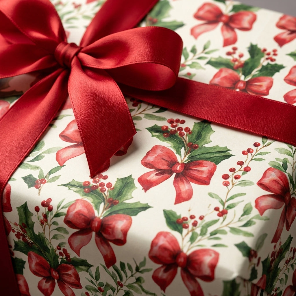 Vintage holly Christmas wrapping paper with a red satin bow on a gift box, by Wrapped Studios.