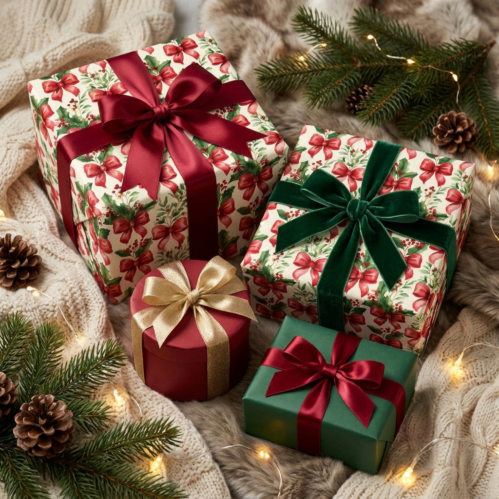 Elegant holly Christmas wrapping paper on cozy holiday gifts with luxury ribbons by Wrapped Studios.