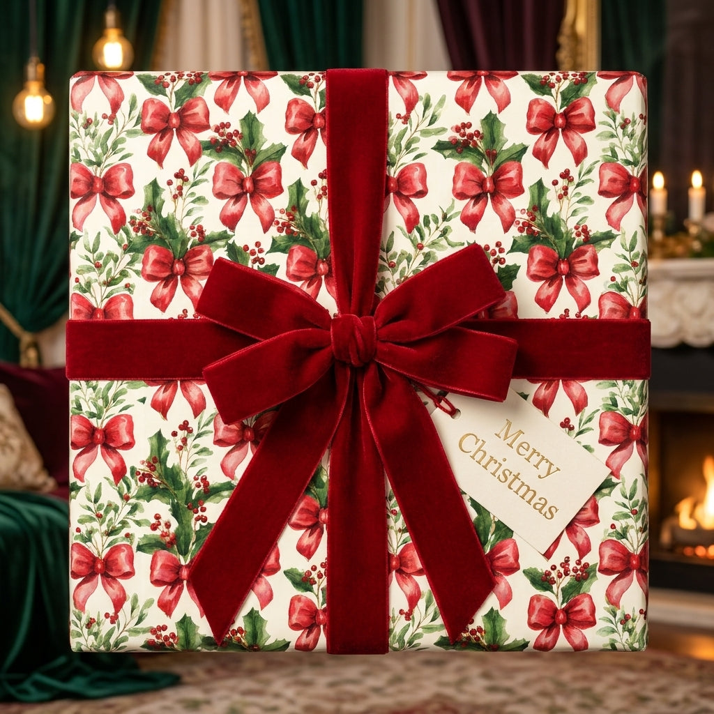 Luxury Christmas wrapping paper with vintage holly pattern and red velvet ribbon by Wrapped Studios.