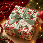 Christmas wrapping paper with red bows, holly, and a sage green ribbon by Wrapped Studios.