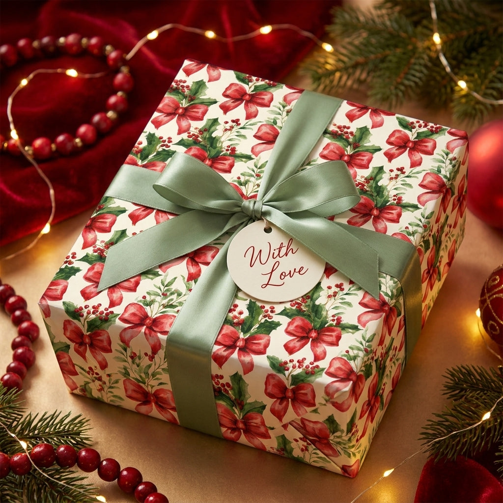 Christmas wrapping paper with red bows, holly, and a sage green ribbon by Wrapped Studios.