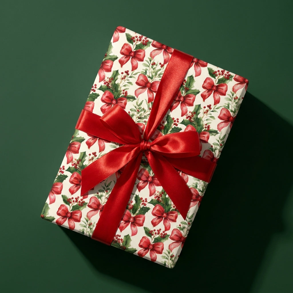 Christmas wrapping paper featuring watercolor holly and bows, tied with a red satin ribbon by Wrapped Studios.