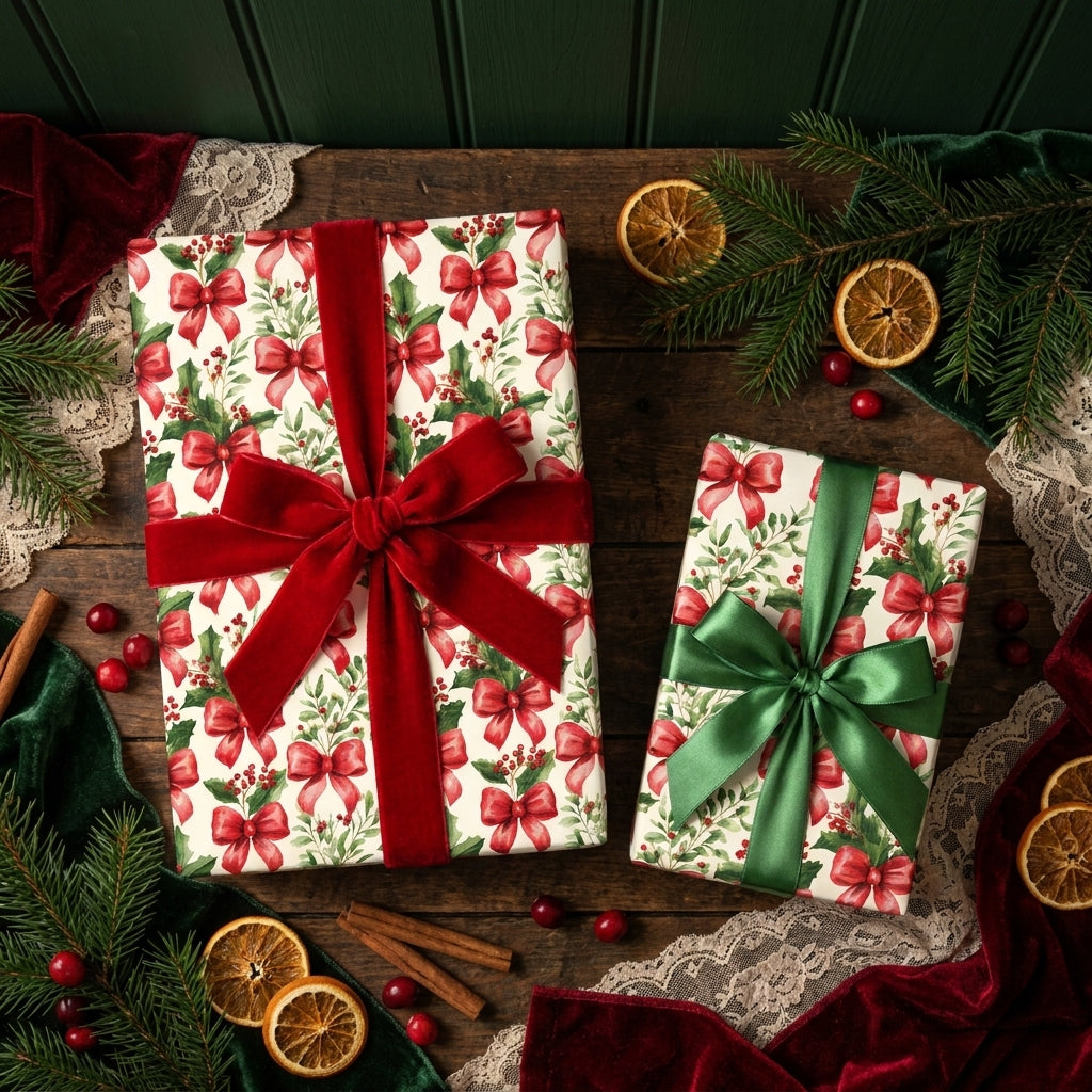 Luxury Christmas wrapping paper with holly and red velvet bow on holiday gifts by Wrapped Studios.