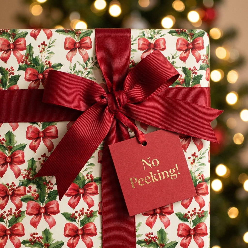 Holly and bow Christmas wrapping paper with red ribbon and 'No Peeking' tag by Wrapped Studios.