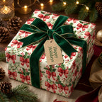 Vintage Christmas wrapping paper with red bow pattern and green velvet ribbon by Wrapped Studios.
