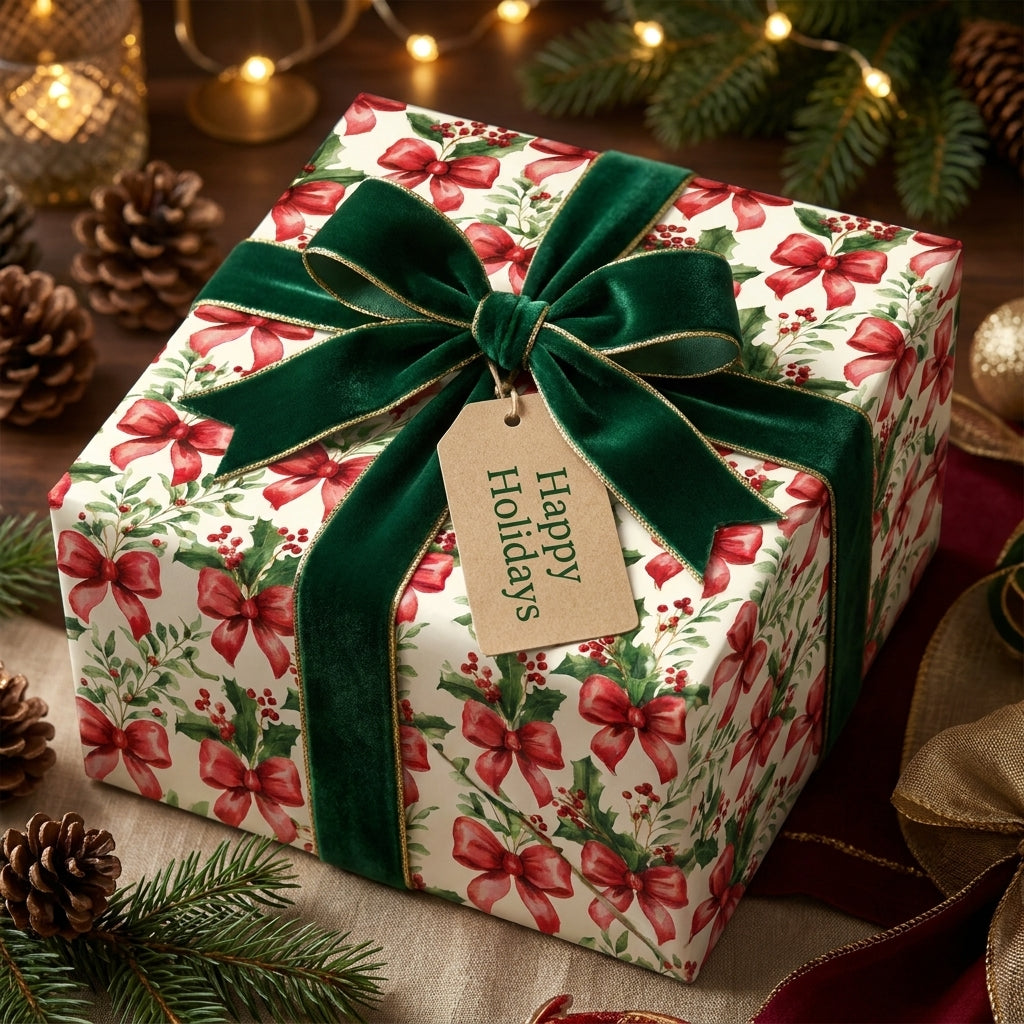 Vintage Christmas wrapping paper with red bow pattern and green velvet ribbon by Wrapped Studios.