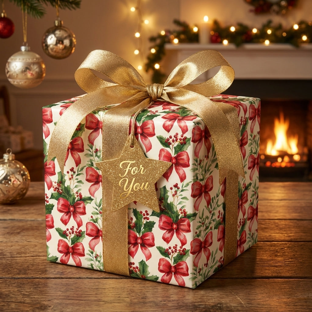 Luxury Christmas wrapping paper with red bows and holly, tied with a gold ribbon by Wrapped Studios.