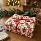 Vintage Christmas wrapping paper with red bows and holly on a holiday gift box by Wrapped Studios.