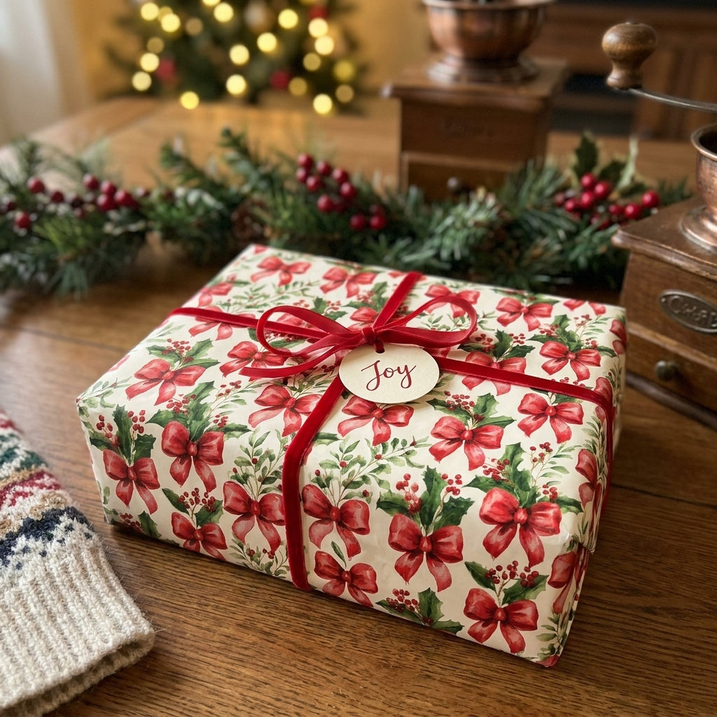 Vintage Christmas wrapping paper with red bows and holly on a holiday gift box by Wrapped Studios.