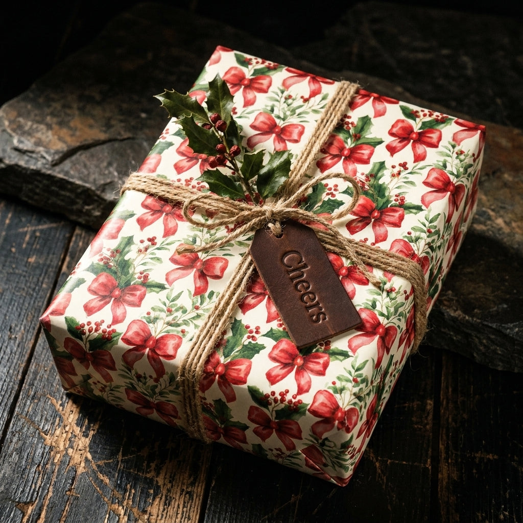 Rustic Christmas gift wrap with red bows and holly, styled with twine and a leather tag by Wrapped Studios.