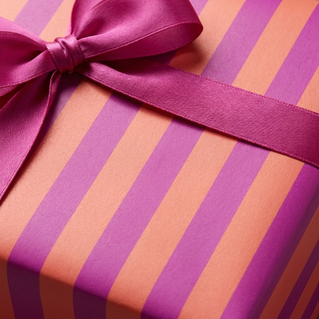 Modern pink and orange striped wrapping paper with a fuchsia satin bow by Wrapped Studios.