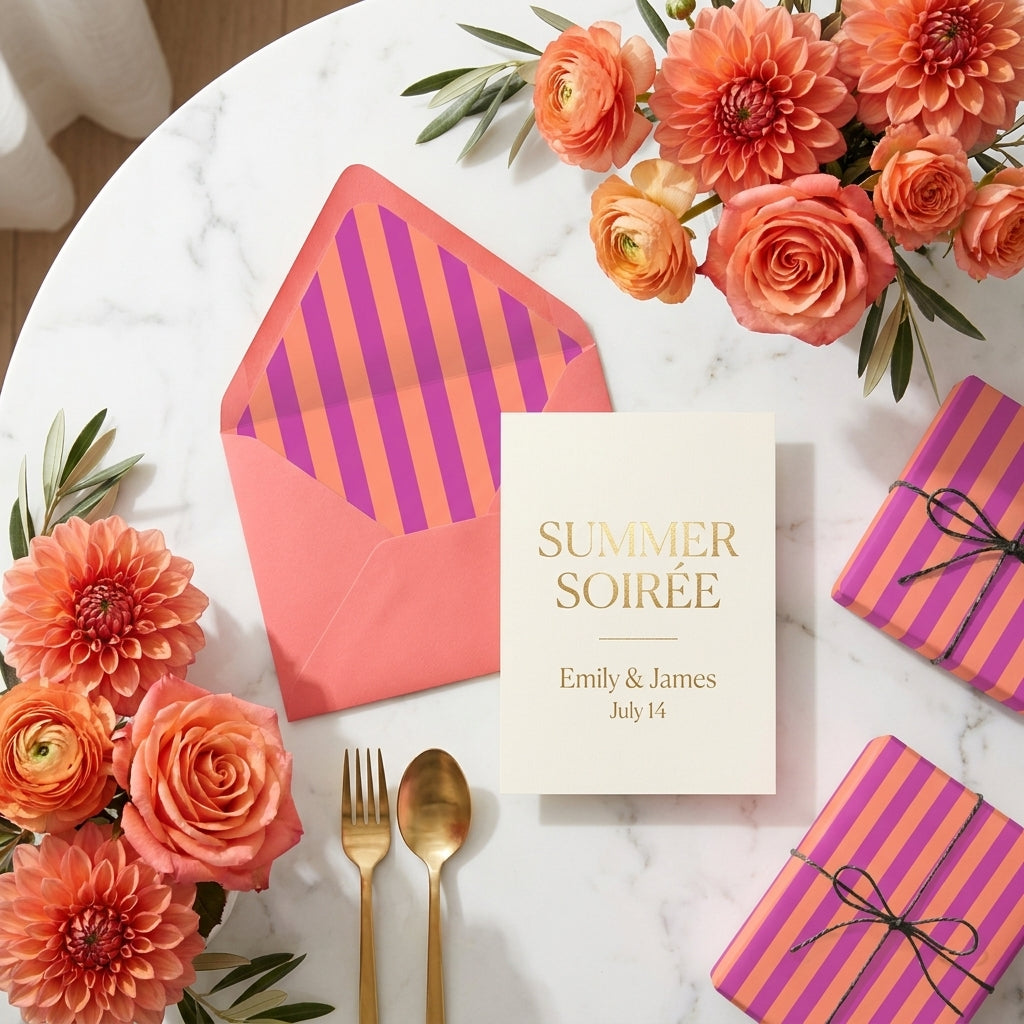 Pink and orange striped wrapping paper for summer wedding gifts, on marble with flowers by Wrapped Studios.