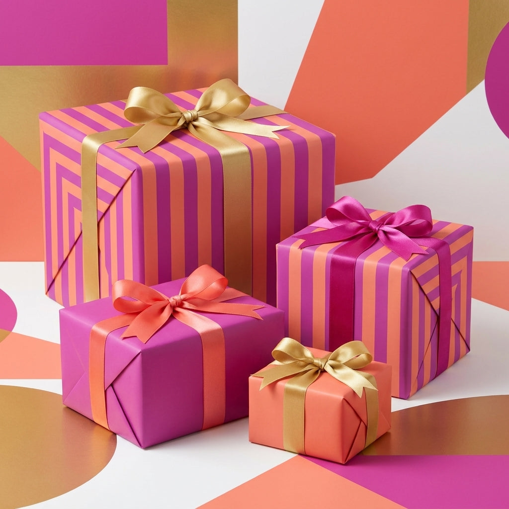 Modern pink and orange striped wrapping paper with satin bows by Wrapped Studios.