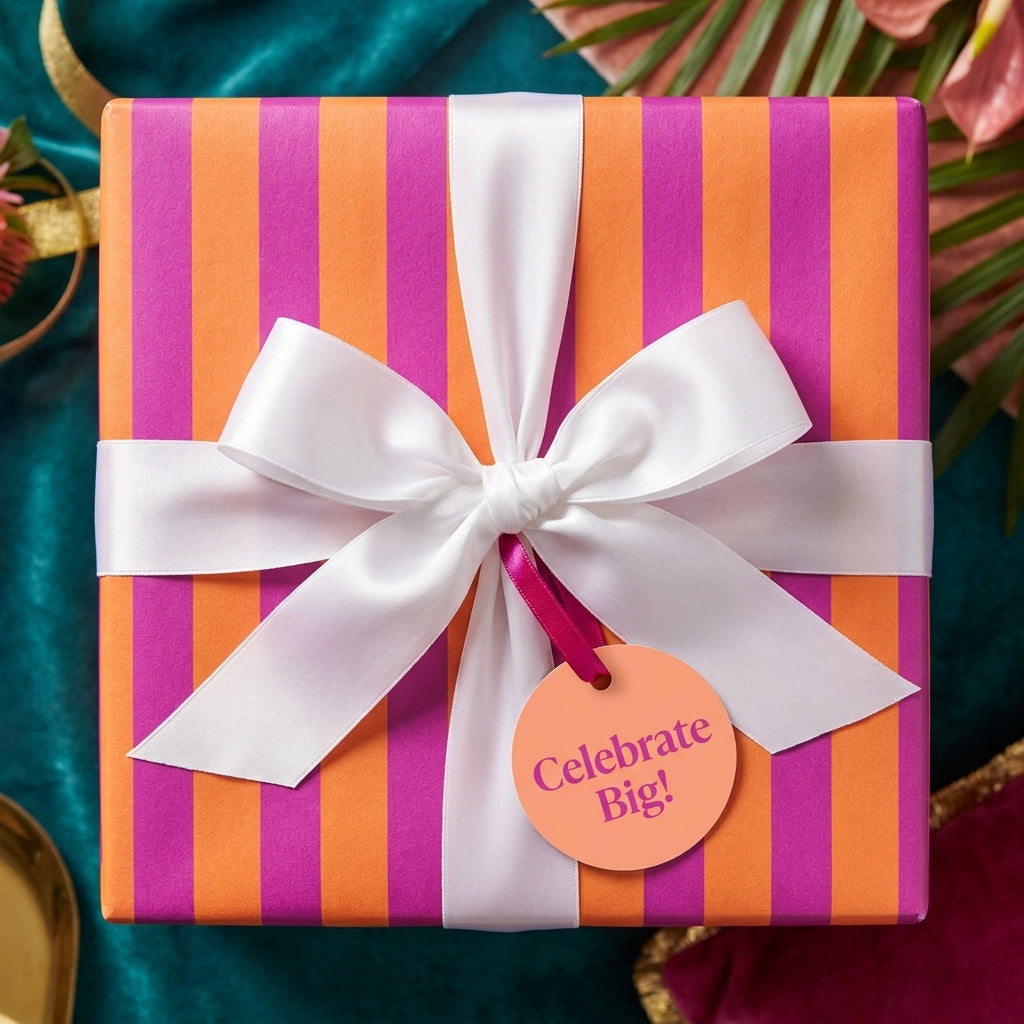 Pink and orange striped birthday wrapping paper with a white satin bow and gift tag by Wrapped Studios.