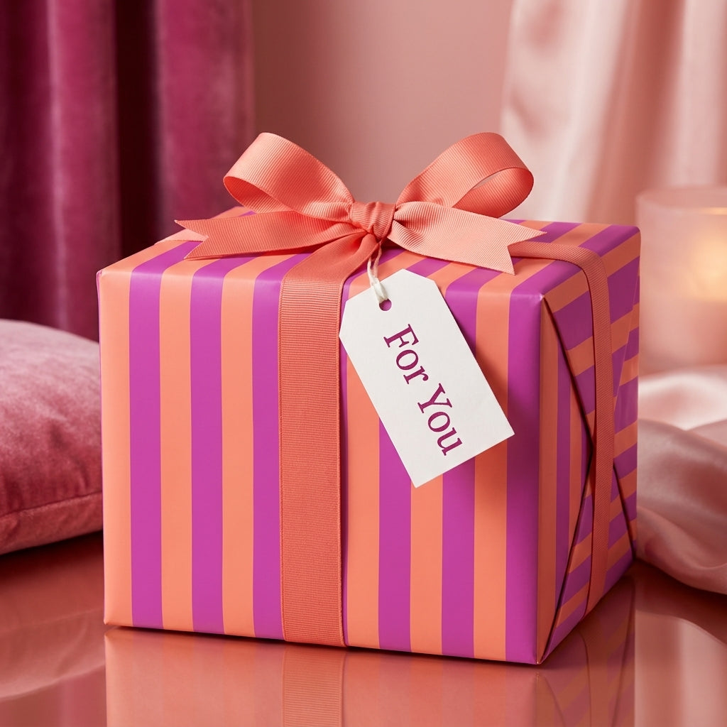 Modern pink and orange striped wrapping paper with a coral ribbon and gift tag by Wrapped Studios.
