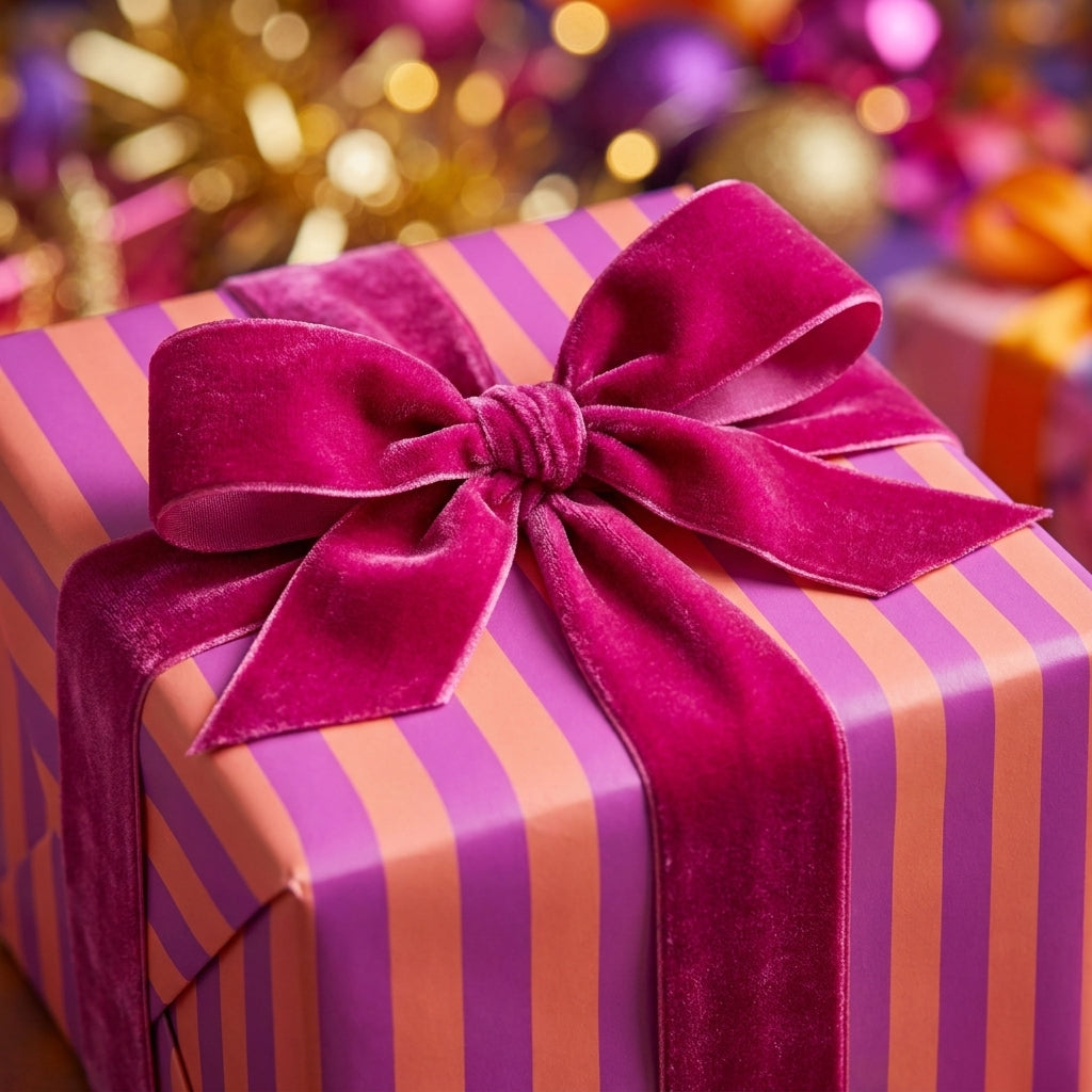Purple and orange striped wrapping paper with a luxury magenta velvet bow by Wrapped Studios.