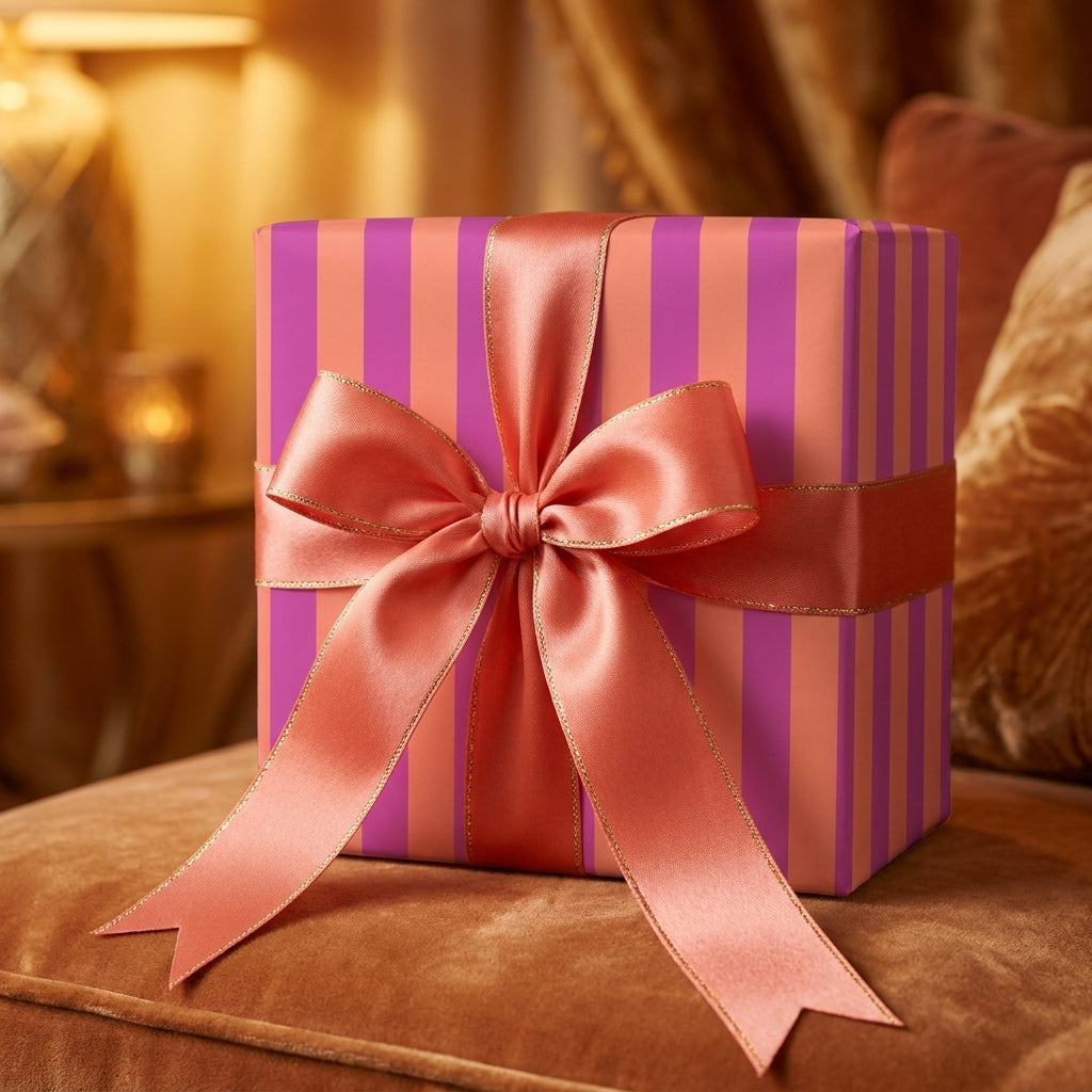 Luxury pink and orange striped wrapping paper with a large satin bow on a gift box, by Wrapped Studios.