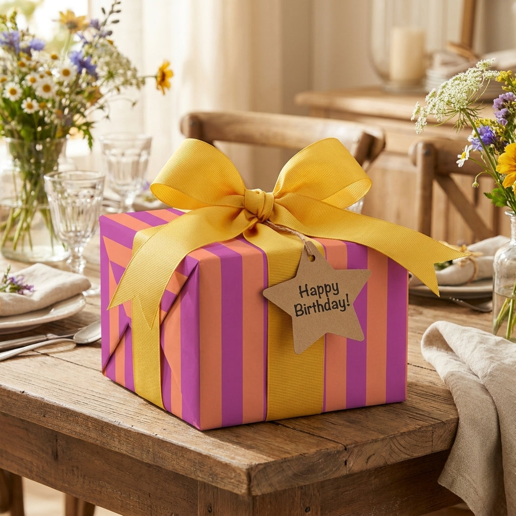 Striped birthday wrapping paper in purple and pink with a yellow ribbon, by Wrapped Studios.