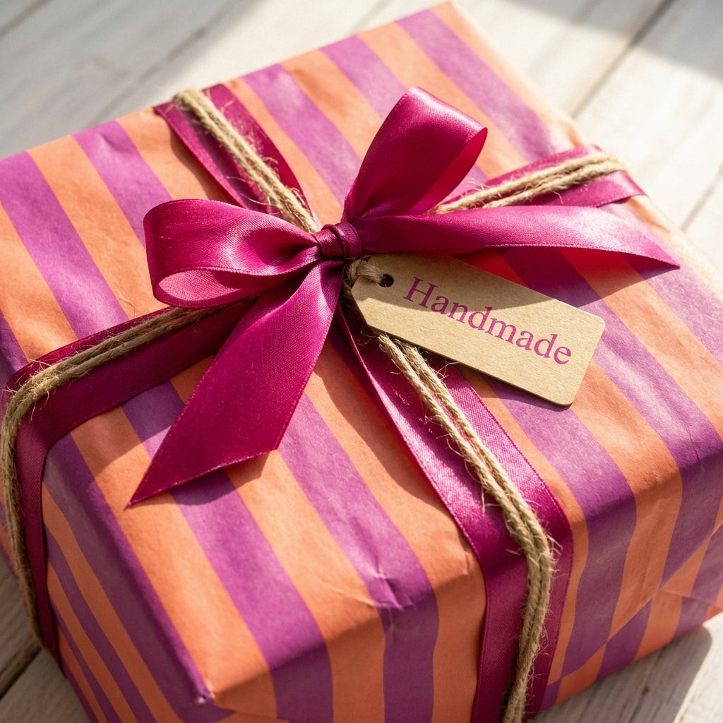 Orange and purple striped wrapping paper with a pink ribbon and handmade tag by Wrapped Studios.