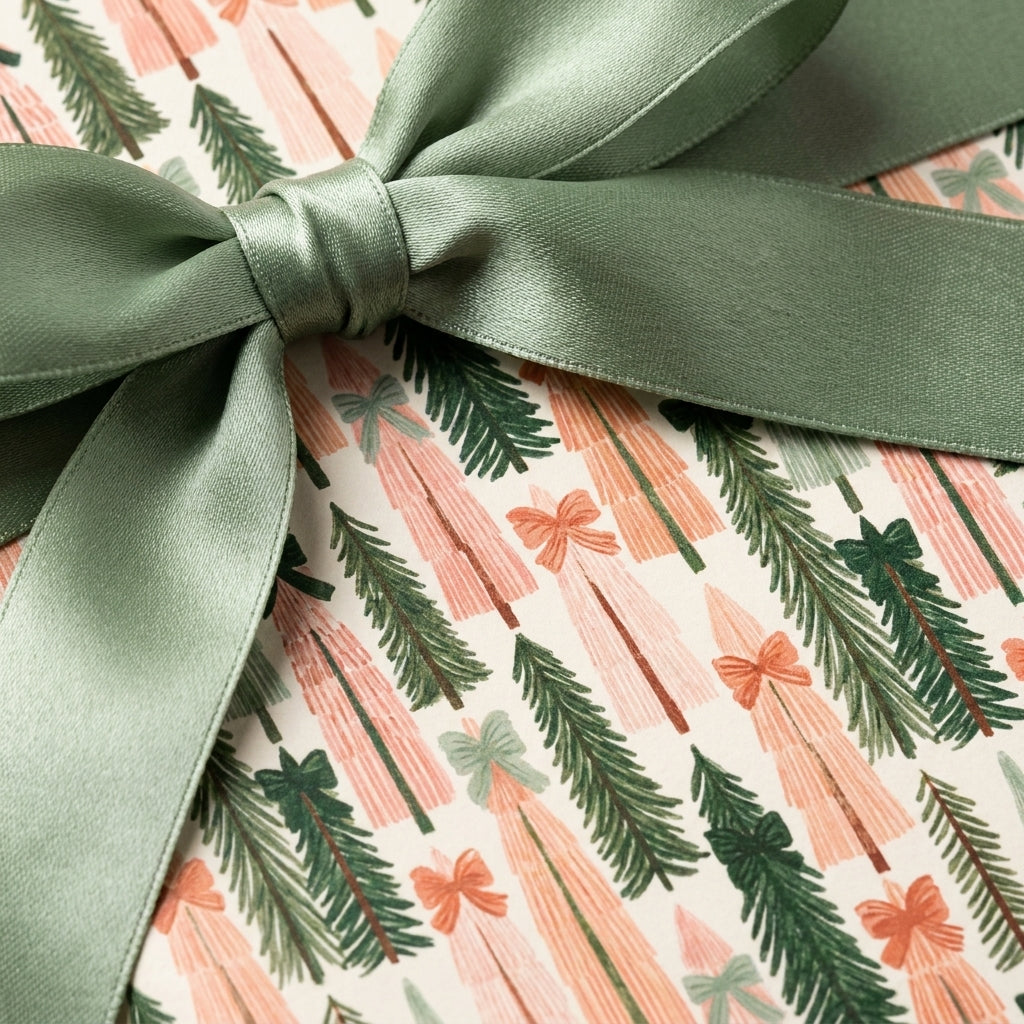 Modern pink and green Christmas wrapping paper with a sage green satin bow by Wrapped Studios.